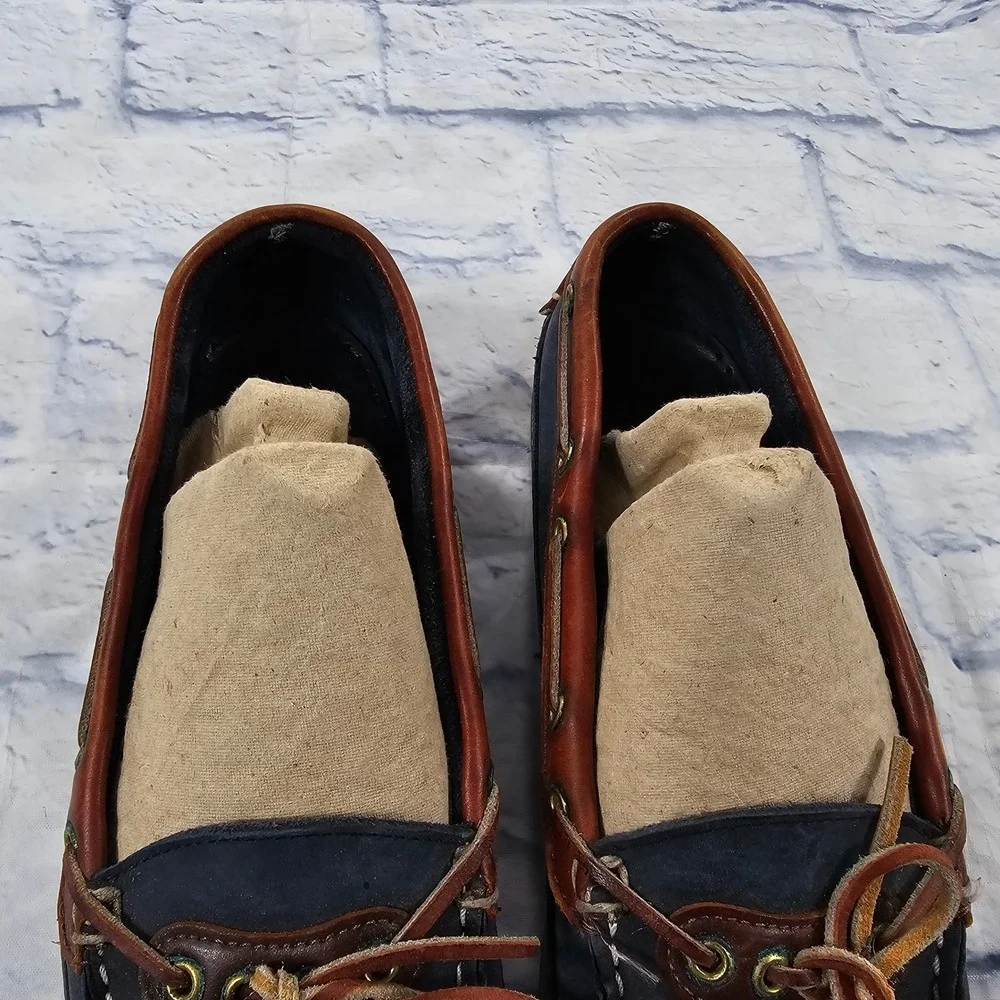 Sebago Docksides Boat Shoes Mens 8.5 Navy Blue Brown Leather Nautical Made USA